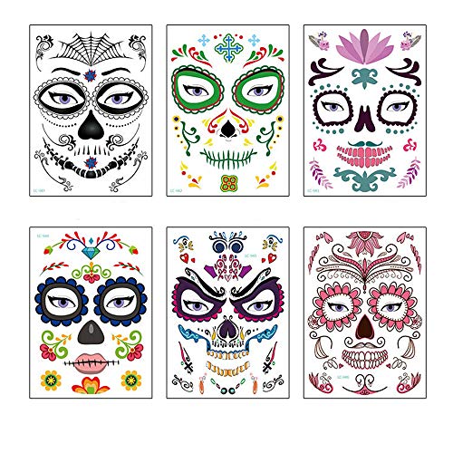 kungfu Mall Tatuaje Temporal de la Cara 6 Piezas Pegatinas de Tatuaje de Cara de Halloween, calcomanía de Tatuaje Día de los Muertos Maquillaje para Fiesta de Disfraces de Navidad