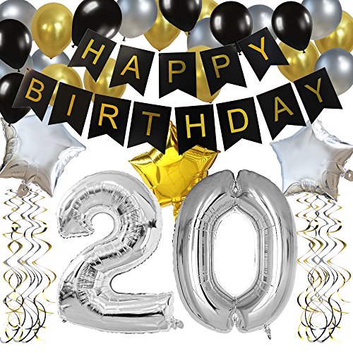 KUNGYO Clásico Decoración de Cumpleaños -“Happy Birthday” Bandera Negro;Número 20 Globo;Balloon de Látex&Estrella, Colgando Remolinos Partido para el Cumpleaños de 20 Años