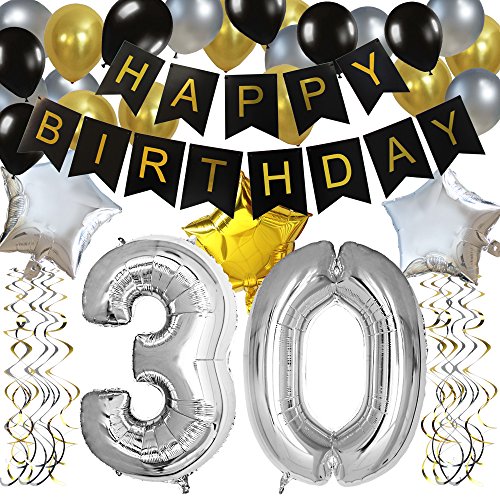 KUNGYO Clásico Decoración de Cumpleaños -“Happy Birthday” Bandera Negro;Número 30 Globo;Balloon de Látex&Estrella, Colgando Remolinos Partido para el Cumpleaños de 30 Años