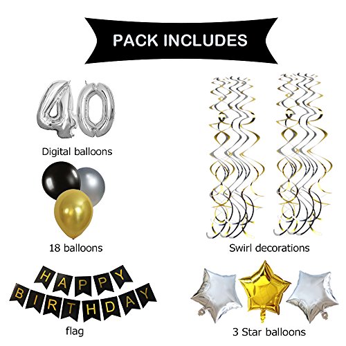 KUNGYO Clásico Decoración de Cumpleaños -“Happy Birthday” Bandera Negro;Número 40 Globo;Balloon de Látex&Estrella,Colgando Remolinos Partido para el Cumpleaños de 40 Años