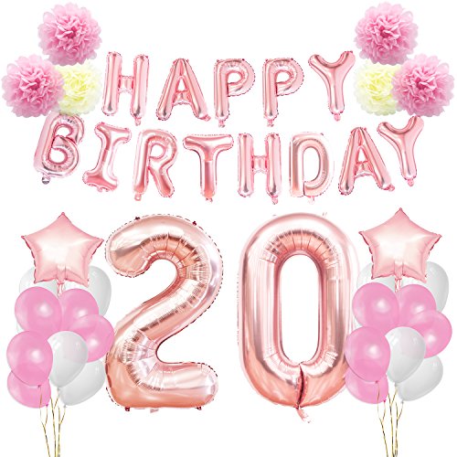 KUNGYO Decoraciones de Feliz Cumpleaños 20 Oro Rosa Happy Birthday Bandera Gigante Número 20 y Estrella de Helio Globos Cintas Flores de Papel Pom Globos de látex