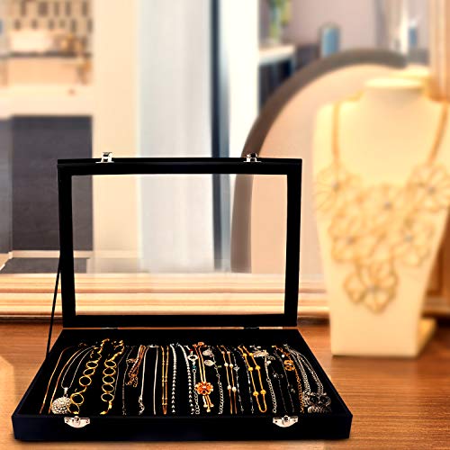 Kurtzy Organizador de Collares (Pack de 1) - Caja Joyero Organizador Terciopelo Tapa Transparente 35cm de Ancho x 24cm de Profundidad x 4,5cm de Alto - 20 Ganchos Bandeja Cadena paraTobillera, Braza