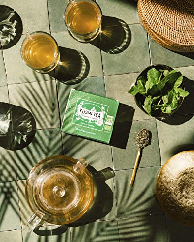 Kusmi Tea – Té verde con menta orgánica – Para degustar caliente o té helado – Bebida desincrustante tradicional – auténticas hojas de menta – 20 bolsas de té muselina