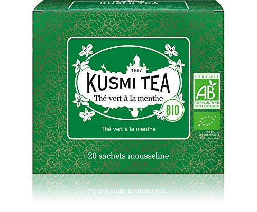 Kusmi Tea – Té verde con menta orgánica – Para degustar caliente o té helado – Bebida desincrustante tradicional – auténticas hojas de menta – 20 bolsas de té muselina