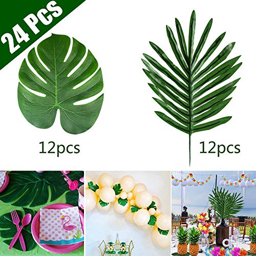 KUUQA - 24 hojas de palma tropical para decoración de fiesta, flores artificiales de simulación tropical para playa, diseño de selva, barbacoa, fiesta, suministros (2 estilos)
