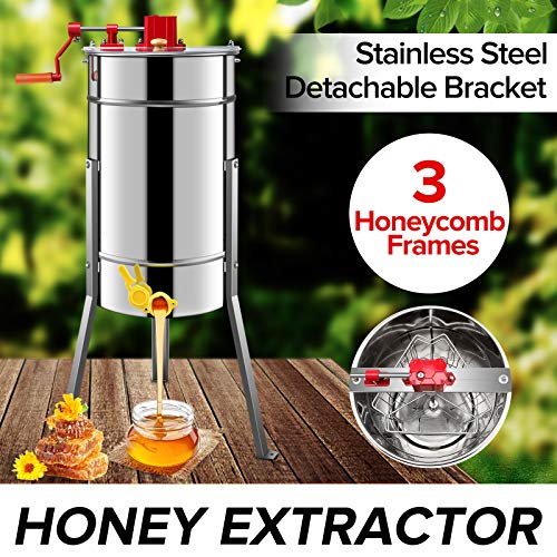 Kwasyo Extractor de Miel Manual, 3 Frame Honey Extractor Separator, Extractor de Miel Acero Inoxidable, Diámetro 38cm, Gran Capacidad Equipo de Apicultura de Abejas con Cubierta Transparente