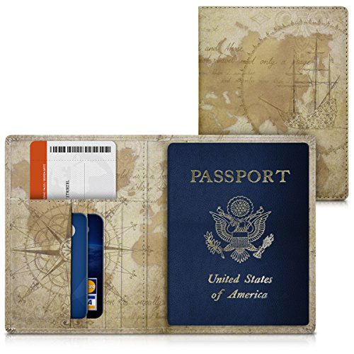 kwmobile Funda para pasaporte de cuero sintético compatible con pasaporte DNI - EStuche con ranuras para tarjetas y mapamundi vintage