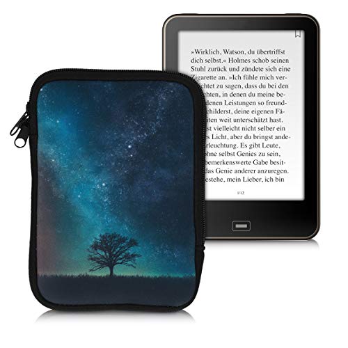 kwmobile Funda Universal para e-Book - Estuche de Neopreno con Cierre de Cremallera para e-Reader - Carcasa árbol y Estrellas Azul/Gris/Negro
