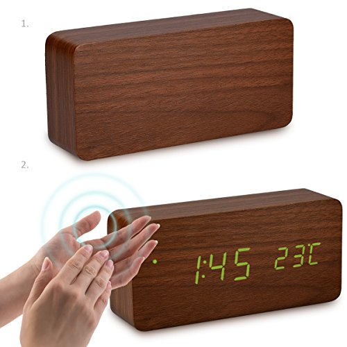 kwmobile Reloj Despertador Digital con Cable USB - Pantalla LED y activación táctil - Indicador de Temperatura y Calendario en Madera y LED Verde