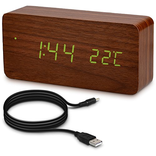 kwmobile Reloj Despertador Digital con Cable USB - Pantalla LED y activación táctil - Indicador de Temperatura y Calendario en Madera y LED Verde