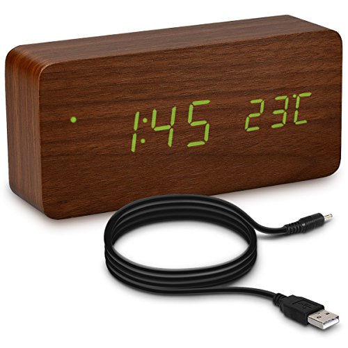 kwmobile Reloj Despertador Digital con Cable USB - Pantalla LED y activación táctil - Indicador de Temperatura y Calendario en Madera y LED Verde