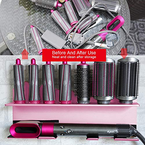Kyrio - Soporte de pared para secador de pelo para Dyson Airwrap Styler y 7 rizos barriles, kit organizador de pared soporte organizador de almacenamiento de acero inoxidable rosa