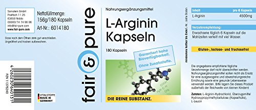 L-Arginina en Cápsulas - 4500mg por dosis diaria - Arginina pura y vegana - Polvo encapsulado - Alta pureza - 180 Cápsulas