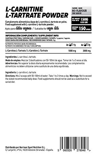 L-Carnitina L-Tartrato en Polvo de HSN | Quemagrasas, Para Adelgazar, Energético, y Recuperación Muscular | Vegano, Sin Gluten, Sin Lactosa, Sin Sabor, 150 gr
