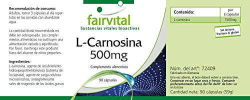 L-Carnosina 500mg - VEGANA - Dosis elevada - Aminoácido - 90 Cápsulas - Calidad Alemana