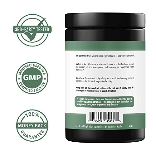 L Glutamine Powder 5000 mg, 5g Pure L-Glutamine Per Serving - Post Workout Recovery Drink for Muscle Recovery & Growth - Non-GMO, Gluten-Free, Unflavored (60 Servings) No Fillers, Binders or Sugar