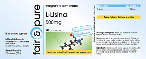 L-Lisina 500 mg - Vegana - Aminoácido esencial - Alta pureza - 90 Cápsulas