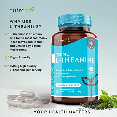 L-Teanina 350 mg - 120 cápsulas veganas - Cápsulas de L Teanina de alta potencia - Suministro para 4 meses - Producto elaborado en el Reino Unido por Nutravita