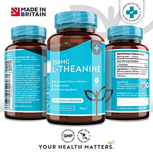 L-Teanina 350 mg - 120 cápsulas veganas - Cápsulas de L Teanina de alta potencia - Suministro para 4 meses - Producto elaborado en el Reino Unido por Nutravita