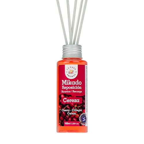 La Casa de los Aromas, Set 6 x 100ml Ambientadores Mikado Cereza para Reposición con Varillas, Difusor Líquido de Aroma Cereza, Perfume Duradero para el Hogar, Baño, Casa