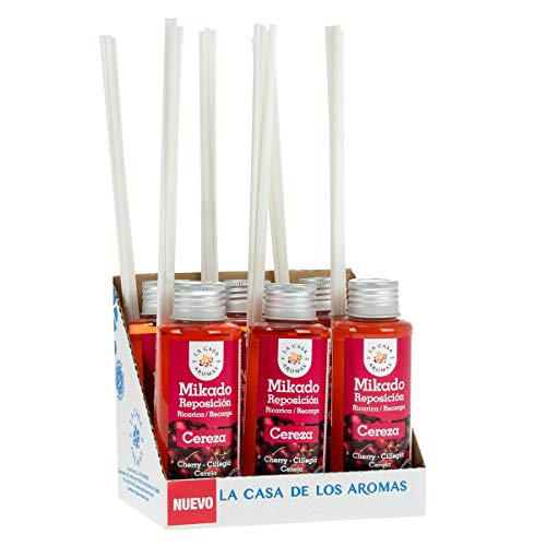La Casa de los Aromas, Set 6 x 100ml Ambientadores Mikado Cereza para Reposición con Varillas, Difusor Líquido de Aroma Cereza, Perfume Duradero para el Hogar, Baño, Casa