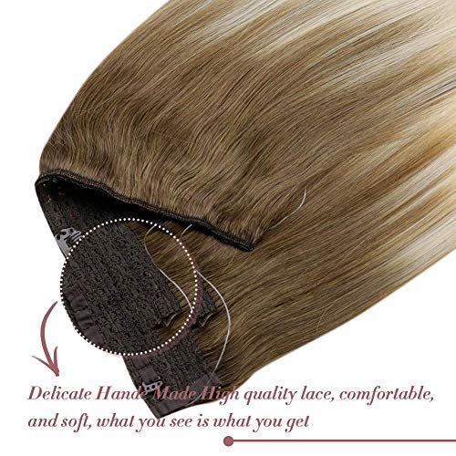 LaaVoo 14 Pulgadas #8/59 Balayage Marrón Claro Ombre Rubio Platino Extensiones de Cabello Natural con Hilo Invisible Remy Halo on Extensiones de Pelo Una Pieza Halo Brazilian Hair 80g