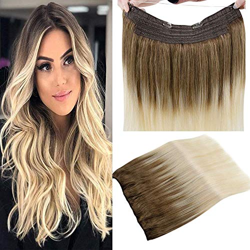 LaaVoo 14 Pulgadas #8/59 Balayage Marrón Claro Ombre Rubio Platino Extensiones de Cabello Natural con Hilo Invisible Remy Halo on Extensiones de Pelo Una Pieza Halo Brazilian Hair 80g