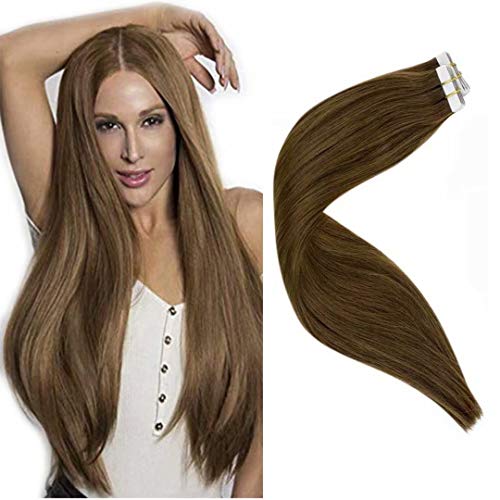 LaaVoo 14Pulgadas/35cm Tape in Hair Extensiones de Pelo Brasileno Naturales Castano Claro #8 Individual Adhesivas Baratas 50gramo/20pieza