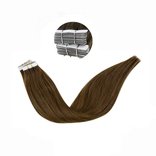 LaaVoo 14Pulgadas/35cm Tape in Hair Extensiones de Pelo Brasileno Naturales Castano Claro #8 Individual Adhesivas Baratas 50gramo/20pieza