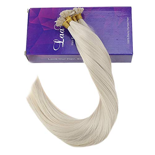 LaaVoo 16 Pulgadas Flat-Tip Keratina Extensiones Rubias Platino Naturales Queratina para Extensiones de Pelo Remi Brazilian Humanos 50 Gramo Por Paquete