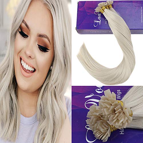 LaaVoo 16 Pulgadas Flat-Tip Keratina Extensiones Rubias Platino Naturales Queratina para Extensiones de Pelo Remi Brazilian Humanos 50 Gramo Por Paquete
