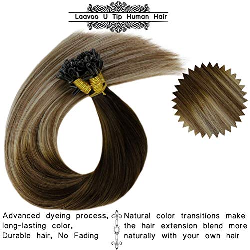 LaaVoo 18Pulgadas U Tip Nail Tip Hot Fusion Extensiones Keratina Pelo Natural 100% Humano Brasileno Fusion Extensiones de Mujer Total 50GR (Marron Oscuro Balayage Marron Medio Ombre Rubio Claro)