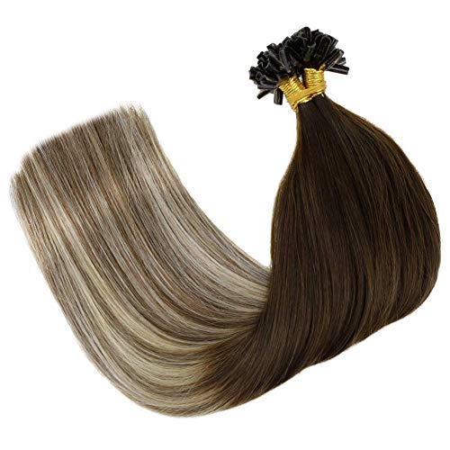 LaaVoo 18Pulgadas U Tip Nail Tip Hot Fusion Extensiones Keratina Pelo Natural 100% Humano Brasileno Fusion Extensiones de Mujer Total 50GR (Marron Oscuro Balayage Marron Medio Ombre Rubio Claro)