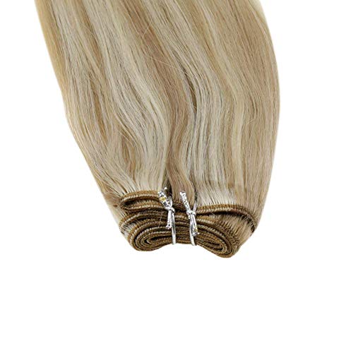 LaaVoo 35cm Rubio Ceniza Balayage Bionda Media Ombre Rubia Platino Straight Hair Bundles Extensiones Pelo Remy Naturales Sewing Trama de Cabello Corto 100GR