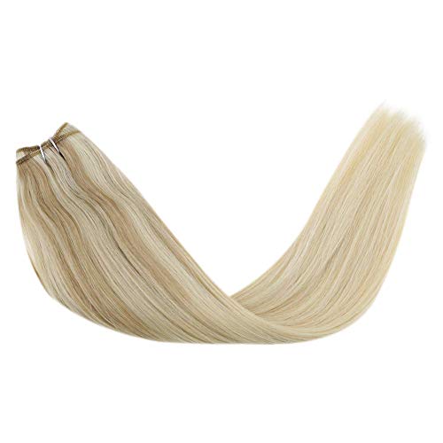LaaVoo 35cm Rubio Ceniza Balayage Bionda Media Ombre Rubia Platino Straight Hair Bundles Extensiones Pelo Remy Naturales Sewing Trama de Cabello Corto 100GR
