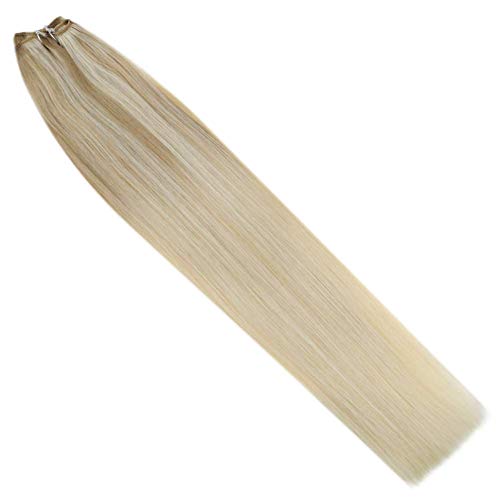 LaaVoo 35cm Rubio Ceniza Balayage Bionda Media Ombre Rubia Platino Straight Hair Bundles Extensiones Pelo Remy Naturales Sewing Trama de Cabello Corto 100GR