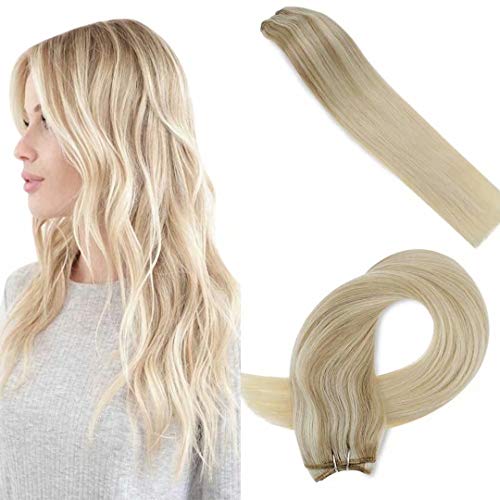 LaaVoo 35cm Rubio Ceniza Balayage Bionda Media Ombre Rubia Platino Straight Hair Bundles Extensiones Pelo Remy Naturales Sewing Trama de Cabello Corto 100GR