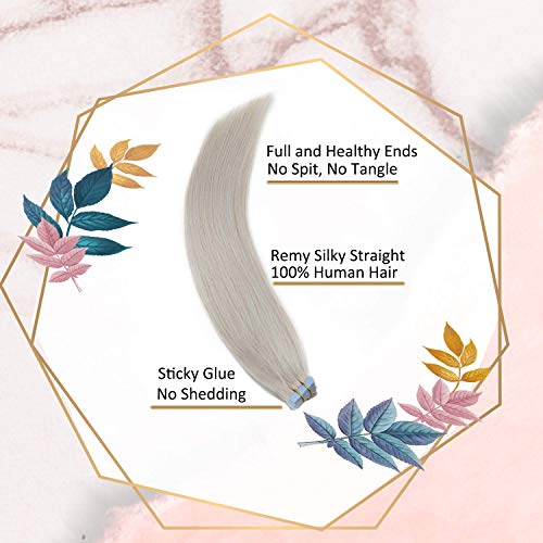 LaaVoo Extensiones de Cabello Natural Humano Rubia Platino #60 Remy Brazilian Humanas Indiviadual Adhesivas Tape in Hair 16 Pulgadas 50g/20pcs