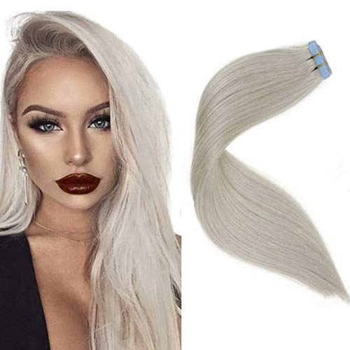 LaaVoo Extensiones de Cabello Natural Humano Rubia Platino #60 Remy Brazilian Humanas Indiviadual Adhesivas Tape in Hair 16 Pulgadas 50g/20pcs