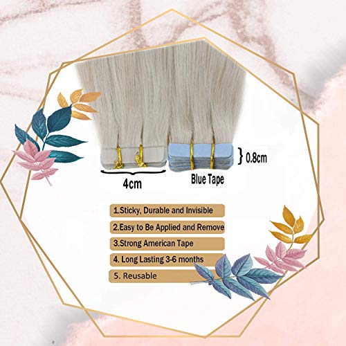 LaaVoo Extensiones de Cabello Natural Humano Rubia Platino #60 Remy Brazilian Humanas Indiviadual Adhesivas Tape in Hair 16 Pulgadas 50g/20pcs