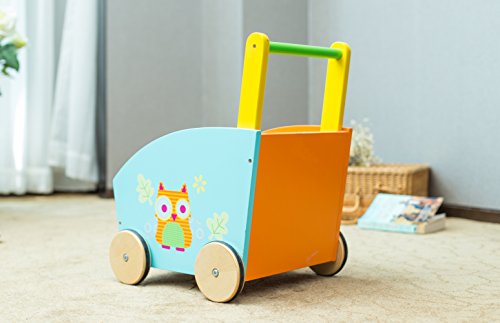 labebe - Andador Madera Para Bebe, Carrito Infantil Juguete, Juguete Carro Compra por 4 Ruedas, Andador Bebe Paso Primeros, Ligero Carrito por Niño 1-3 Años, Carro Juguete de Niña/Chico - Naranja Búho