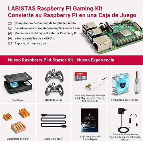 LABISTS Raspberry Pi 4 4GB Retro Gaming Kit con SD de 64GB y 5.1V 3A Tipo C con Interruptor, RPi Barebone con 3 Disipadores de Calor, 2 mandos, Ventilador, Micro HDMI, Lector de Tarjetas y Caja Negra