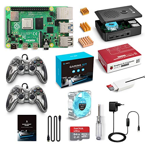 LABISTS Raspberry Pi 4 4GB Retro Gaming Kit con SD de 64GB y 5.1V 3A Tipo C con Interruptor, RPi Barebone con 3 Disipadores de Calor, 2 mandos, Ventilador, Micro HDMI, Lector de Tarjetas y Caja Negra
