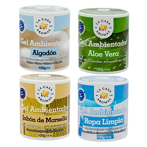 lacasadelosaromas 4 Botes Ambientador Gel Algodón, Aloe Vera, Jabón de Marsella y Ropa Limpia