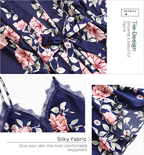 Lachi 2/5PCS Kimono Mujer Pijama Saten Conjunto de Bata Camisón Floral para Dormir Casa Ducha Noche Albornoces + Camisón+ Chaleco + Pantalones Cortos y Largo Satén Encaje Floral