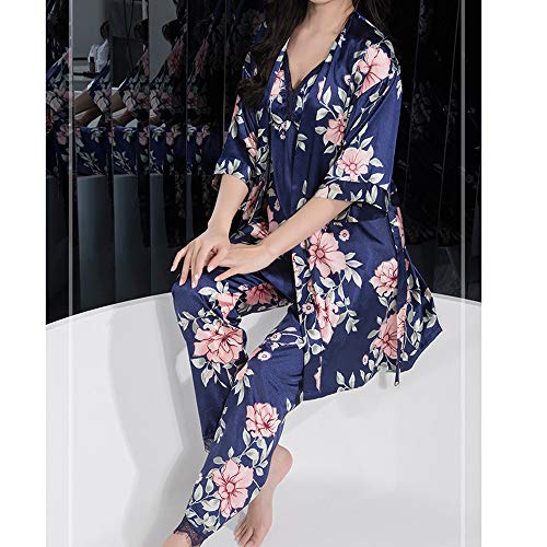 Lachi 2/5PCS Kimono Mujer Pijama Saten Conjunto de Bata Camisón Floral para Dormir Casa Ducha Noche Albornoces + Camisón+ Chaleco + Pantalones Cortos y Largo Satén Encaje Floral