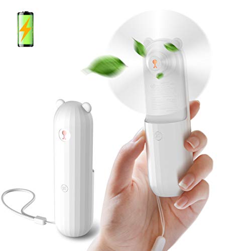LaHuKo Mini Ventilador de Mano USB Portátil Pequeño y Silencioso con 2 Velocidades Recargable USB con Batería 2500mAh Duración 24h para Oficina Hogar Viajes Aire Libre (Blanco)