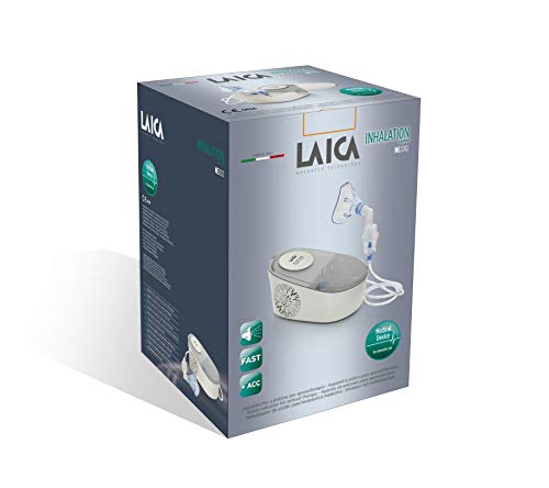 Laica NE2012 Inhalador-Nebulizador a pistones, se puede usar con todo tipo de medicamentos, con un compartimento para guardar los accesorios