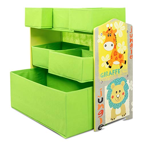Lalaloom SWEET LUGGI - Estanteria infantil de madera (habitación para niños, mueble multifuncional, almacenaje con 6 cajas de tela para juguetes), 63x30x60 cm, color Verde