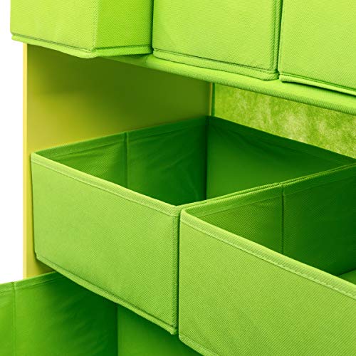 Lalaloom SWEET LUGGI - Estanteria infantil de madera (habitación para niños, mueble multifuncional, almacenaje con 6 cajas de tela para juguetes), 63x30x60 cm, color Verde